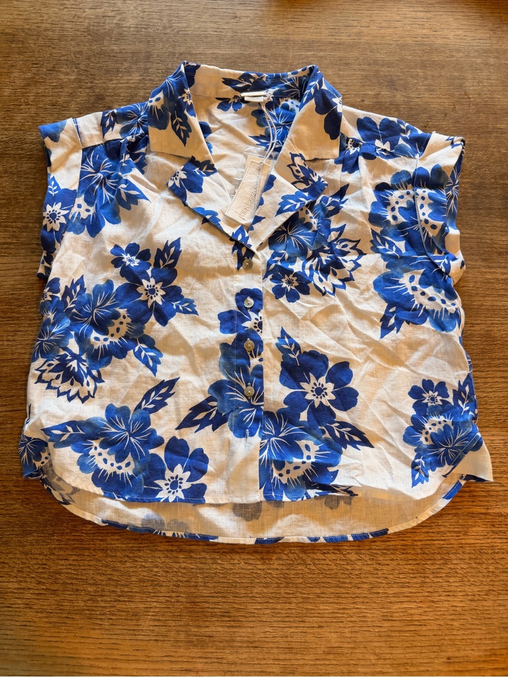 Magaschoni White Button-Down Top with Blue Floral Print